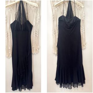 Y2K Black Sparkle Chiffon Halter Dress Ruffles SZ SM Whimsy Goth Dark Romantic